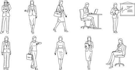 Professional business people outline in various professional poses and outfits, showcasing business fashion.