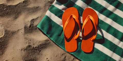 orange flip flop sandals on sandy beach lifestyle minimal flat lay