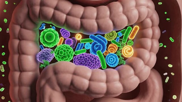 3D cross-section of a red stomach with surrounding intestines, detailed mucosal folds. deep. closeup