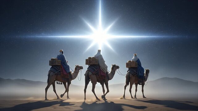 Three Wise Men on camels journeying across desert sand dunes following the bright Star of Bethlehem in a starry spiritual night scene