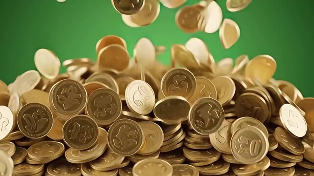 Shiny gold coins with shamrock falling and piling up on a green background wealth luck success animation