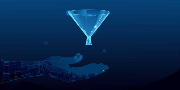 A glowing funnel suspended above a hand with a dark blue background