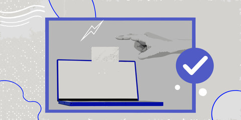 A hand interacting with a laptop screen displaying a checkmark icon