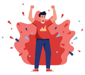 Joyful Man Celebrating Victory with Arms Raised Surrounded by Red Splatter and Confetti Success Achievement and Celebration Concept startup