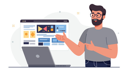 Fototapeta premium Bearded Man Presenting Website Design on Laptop Digital Marketing Strategy Online Business Growth User Interface Development startup