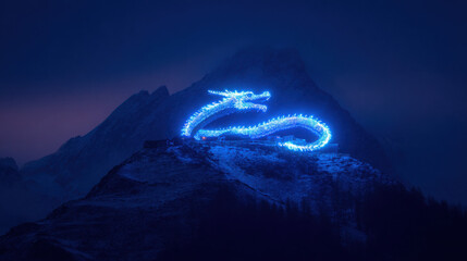 A glowing blue dragon curled around a mountain peak at night with a dark sky and pinkish purple sunset glow in the background mountains landscape