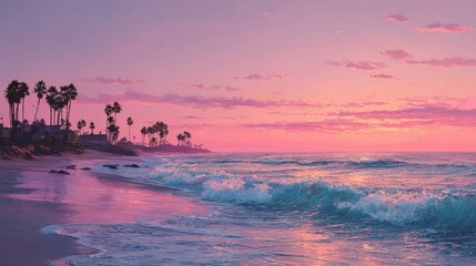 pink sunset over ocean beach waves palm trees