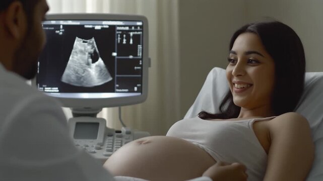 Pregnant Woman Undergoing Ultrasound Scan with Doctor in Hospital.