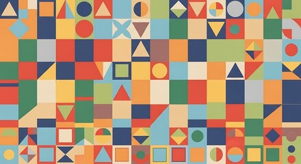 A vibrant abstract composition with a grid-like structure, featuring diverse geometric shapes and a warm, retro color palette