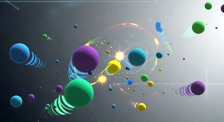 A vibrant abstract composition with colorful spheres and light trails, suggesting motion and energy against a gradient background