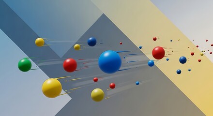 A vibrant abstract composition with colorful spheres in motion against a backdrop of angled geometric shapes and gradients