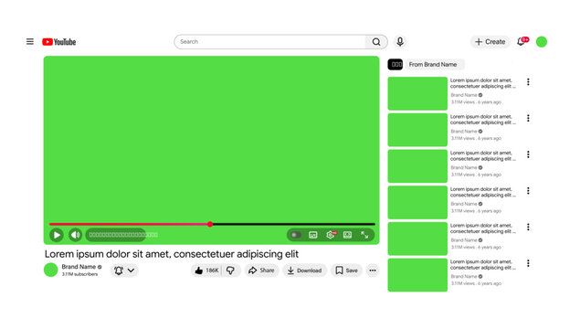 youtube video template mockup. youtube app interface blank video screen frame. youtube vector mockup. template with video page template, editorial vector file