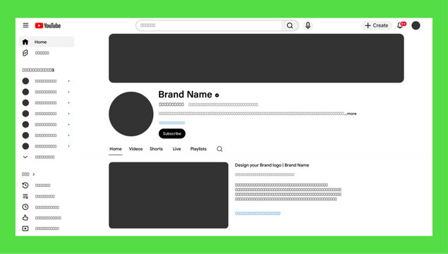 YouTube web interface UI mockup. Youtube channel page layout design for desktop website template. 