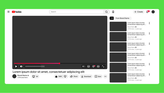 youtube video template mockup. youtube app interface blank video screen frame. youtube vector mockup. template with video page template, editorial vector file