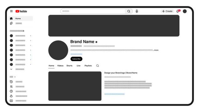 YouTube web interface UI mockup. Youtube channel page layout design for desktop website template. 