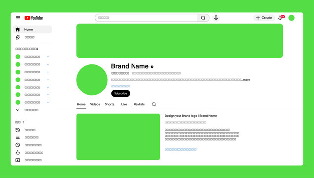 YouTube web interface UI mockup. Youtube channel page layout design for desktop website template. 