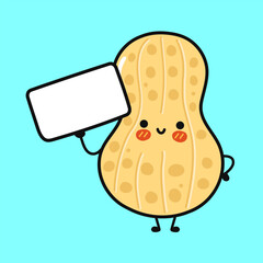 Cute peanut character holding blank sign for message