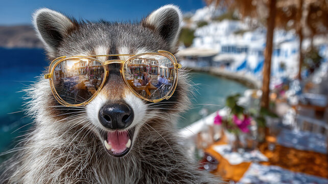 Happy raccoon in a seaside bar, on vacation