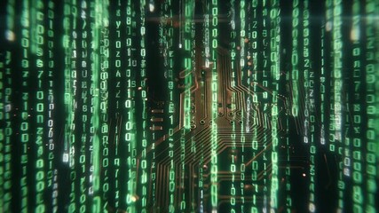 Digital data stream flows over a glowing electronic circuit board representing modern technology and advanced computing infrastructure - Powered by Adobe