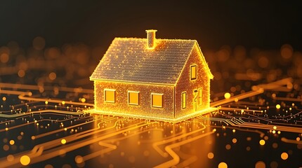 Golden house merging with digital circuit board, smart property concept