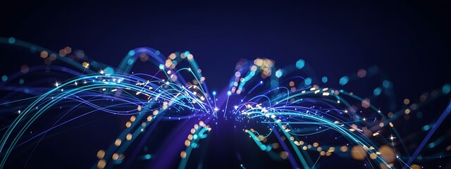 Abstract glowing blue and teal light trails forming a dynamic energetic and complex web like structure against a dark background