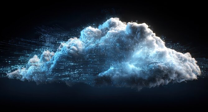 Digitized cloud illustration, glowing with data streams, floating against a black background - Powered by Adobe