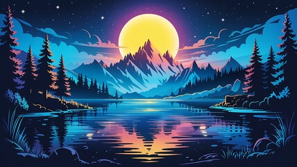 Vibrant surreal mountain landscape with a giant glowing moon over a reflective lake at night with pine trees