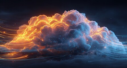 Digital cloud illustration featuring a luminous, fiery center with flowing, ethereal elements