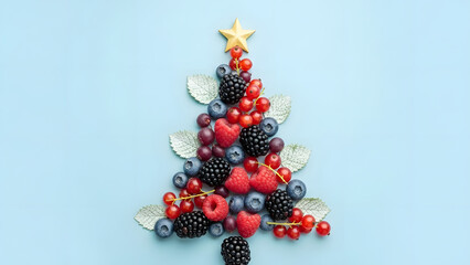 Festive fruit christmas tree arrangement on a light blue background
