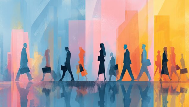 Silhouetted figures walk across a painted surface with a cityscape background