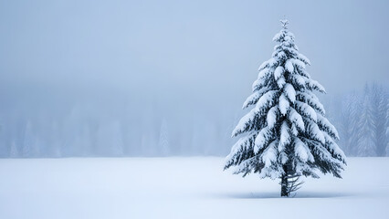 Lone snow covered pine tree in a winter wonderland landscape