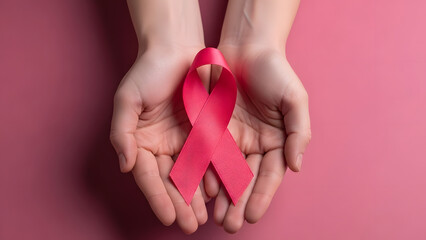 Hands holding a pink ribbon for breast cancer awareness