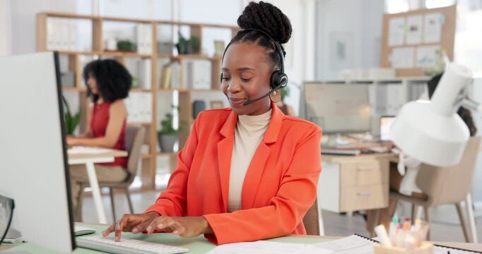 Call center, computer and woman with headset, talking and typing offer on website and telemarketing. Happy, agent and person with mic for consultation, lead generation and communication with contact