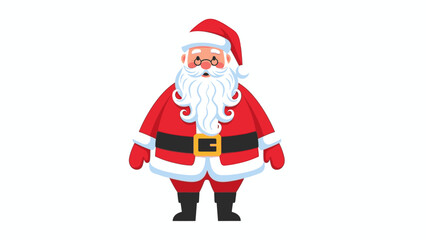 A cheerful cartoon Santa Claus in a traditional red and white outfit stands against a clean white background with a joyful Christmas theme.