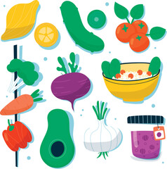 Sweet tomato eggplant carrot pepper sticker collection vector