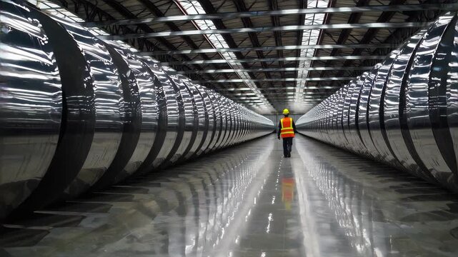 rows of giant steel coils inside a large metal factory, industrial hall with high ceiling and steel beams