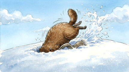 Funny groundhog diving headfirst back into snow hole predicting six more weeks of winter on Groundhog Day