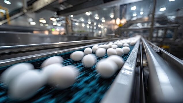 Eggs rolling along a conveyor belt at a processing plant, with blurred machinery in background