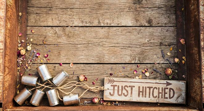 Western wedding just hitched sign with tin cans and flower petals on rustic truck bed copy space
