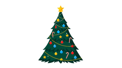 A festive Christmas tree with colorful ornaments and a golden star on top against a clean white background with a cheerful holiday mood.
