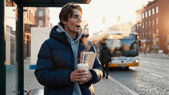 Man in a blue puffer coat sips coffee on a cobblestone city street at dusk, bundled warmth. outside