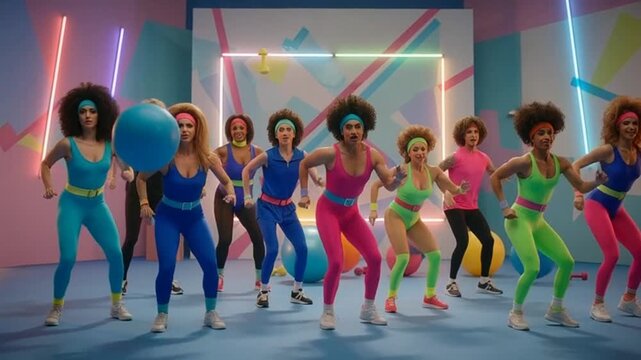 Neon retro aerobics class performing synchronized dance workout.