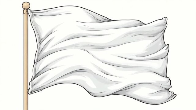 White flag fluttering in the wind, hand-drawn art style, on plain background, symbolizing peace, surrender, or neutrality