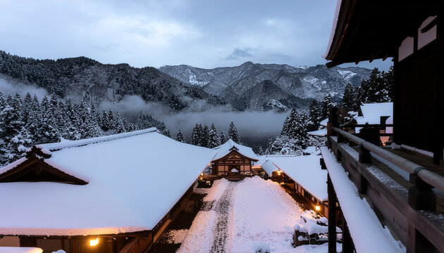 Snow-covered traditional Japanese temple complex with a view of Mount Fuji in the distance during winter