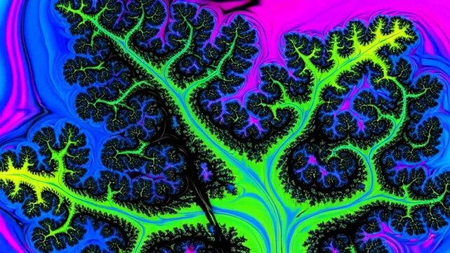 Neon fractal branches unfold across vibrant psychedelic gradient animation.