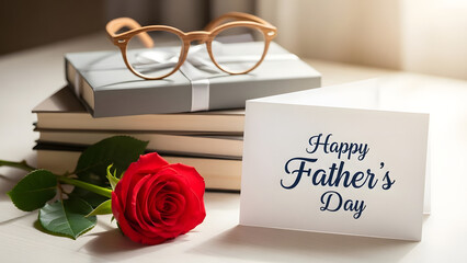 Happy father's day card with rose and books