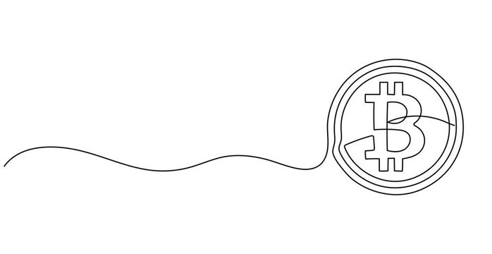 Animated self drawing of  Continuous line drawing of bitcoin cryptocurrency silhouette. Blockchain, finance and banking technology concept drawn by one line, Bitcoin coin, cryptocurrency one line art,