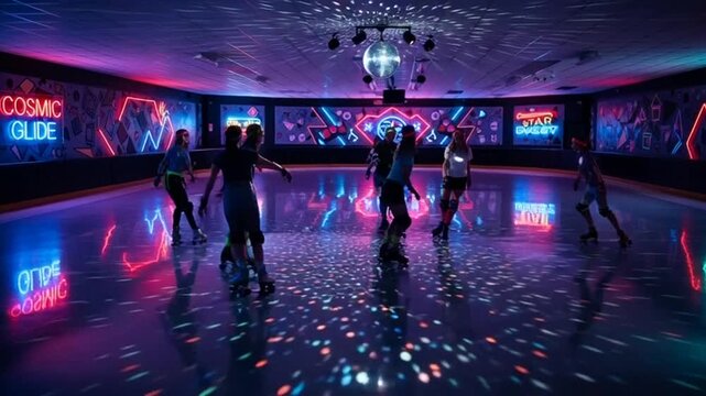 Neon roller skating night at vibrant disco rink with friends.