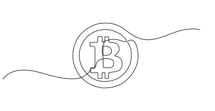 Animated self drawing of   Continuous line drawing of bitcoin cryptocurrency silhouette. Blockchain, finance and banking technology concept drawn by one line,