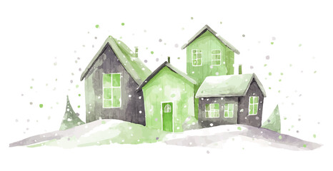 winter village watercolor illustration with snow falling, vector template for winter and christmas greeting cards or real estate advertising, green and grey colours isolated on white background